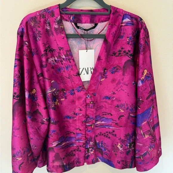 Zara Pink Floral Kimono Blouse Size Small - Picture 2 of 8